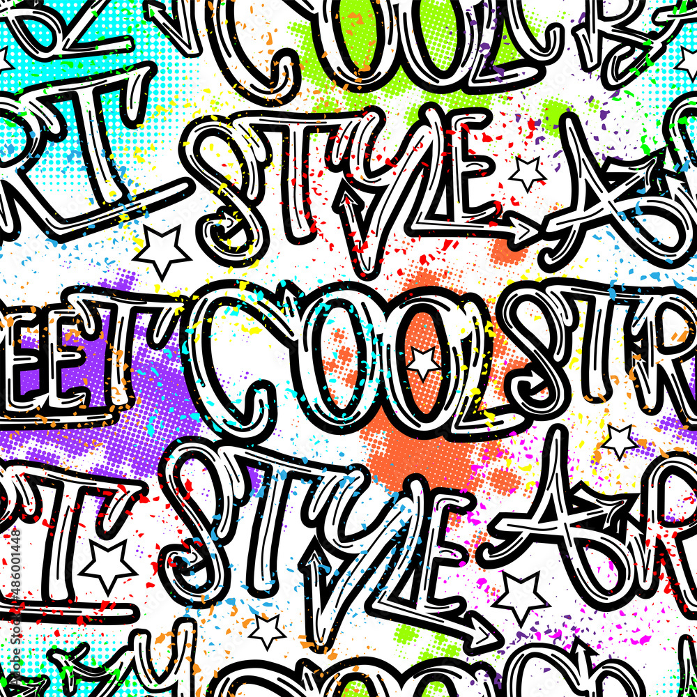 multicolored graffiti pattern. Text, stars and colorful spray