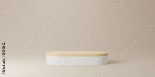 Fototapeta Naklejka Na Ścianę i Meble -  Abstract minimal scene with wooden podium in studio lighting beige background. Product presentation showcase, Mock up stage, Cosmetic product display, Podium, stage pedestal. 3d rendering