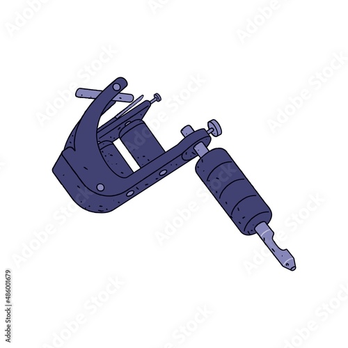 Induction coil tattoo machine. Professional ink tool. Tattooists equipment. Realistic device, instrument. Hand-drawn vector illustration isolated on white background