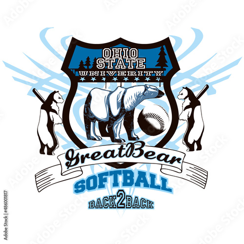 White bear mascot of a softball team in a coat of arms with a baseball and other two bears holding baseball bats aside of the emblem. Softball mascot illustration concept.