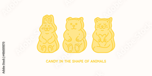 A set of sweet chewable candies. Jelly animals. Marmalade in the form of animals. Vector graphics in a popular style.