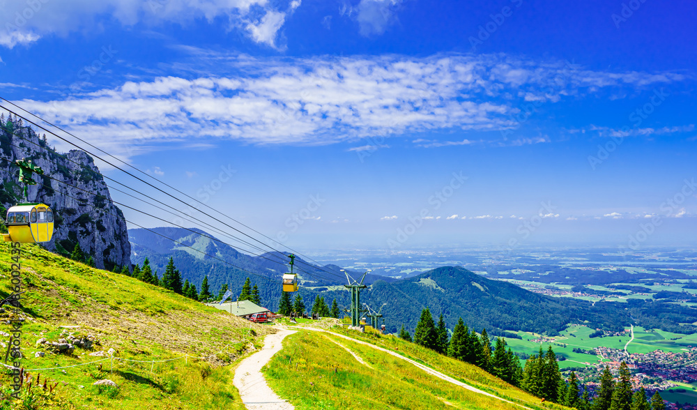 Panoramic view from Kampenwand on cableway and Chiemensee - obrazy, fototapety, plakaty 