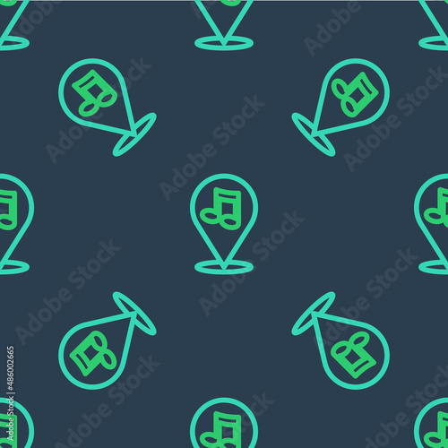 Line Location musical note icon isolated seamless pattern on blue background. Music and sound concept. Vector