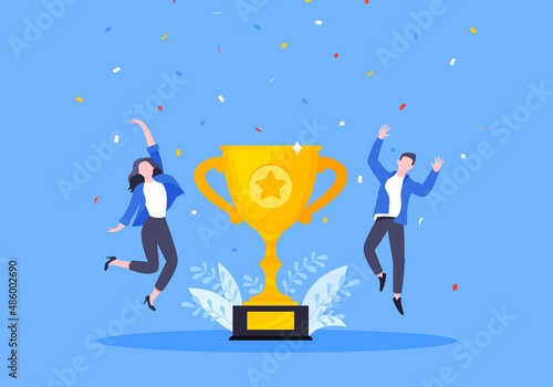 Employee recognition or proud workers of the month business concept flat style design vector illustration. Young adult people jump in the air with trophy cup.
