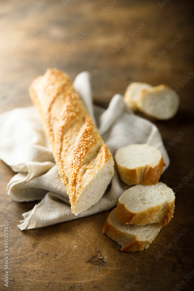 Homemade baguette bread with sesame seeds