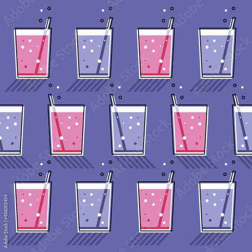 Glasses with soda and a straw. Stylized carbonated drink on a lilac background.