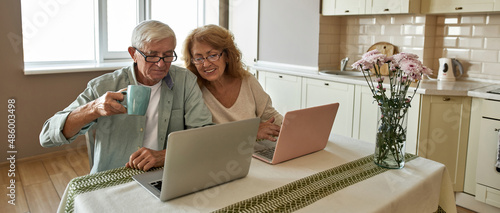 Elderly caucasian couple watch on laptops at table