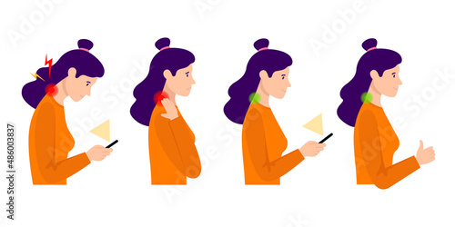 Woman with neck pain, tech neck, set