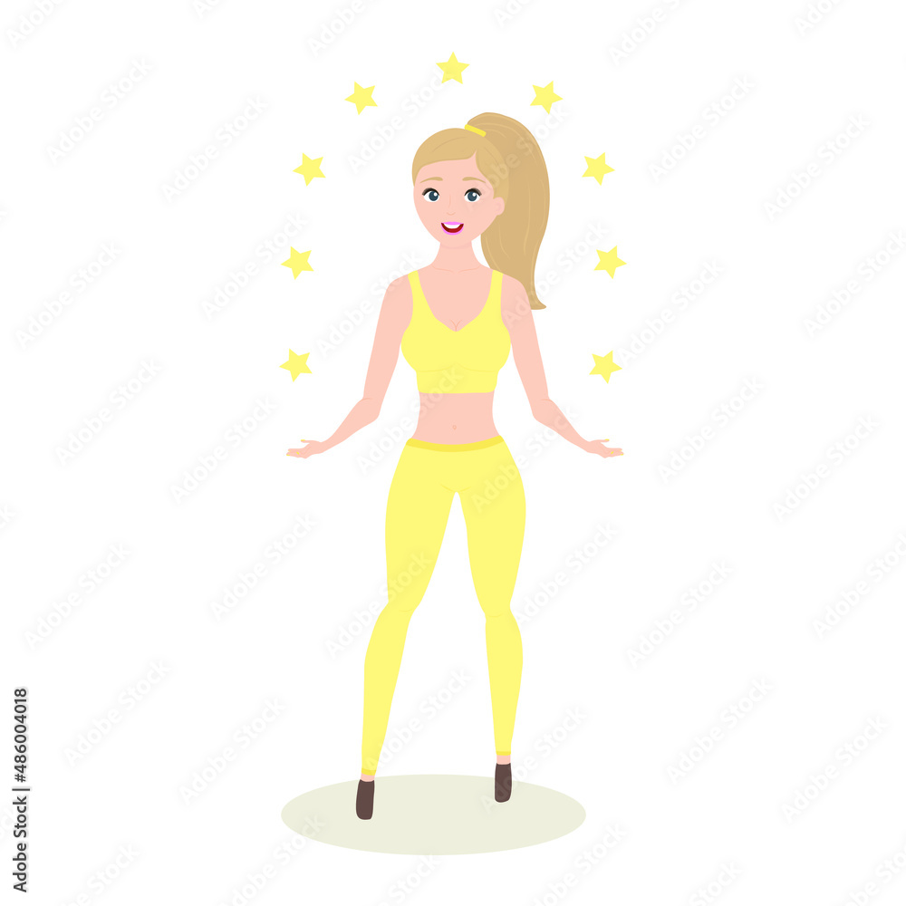 Beautiful slender young girl in a yellow tracksuit juggles with yellow stars. Healthy lifestyle. Fitness lady. Vector character