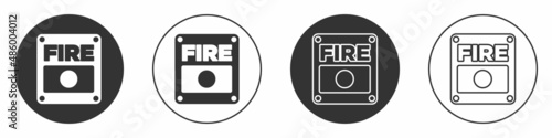 Black Fire alarm system icon isolated on white background. Pull danger fire safety box. Circle button. Vector