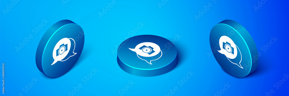 Isometric Photo camera icon isolated on blue background. Foto camera. Digital photography. Blue circle button. Vector