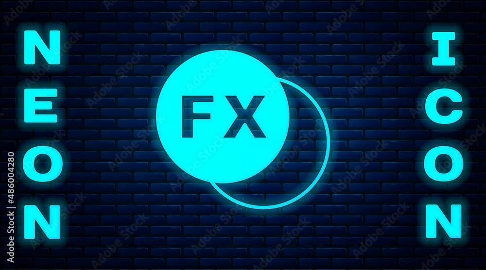 Glowing neon Photo camera fx icon isolated on brick wall background. Foto camera. Digital photography. Vector Glowing neon Photo camera fx icon isolated on brick wall background. Foto camera. Digital photography. Vector