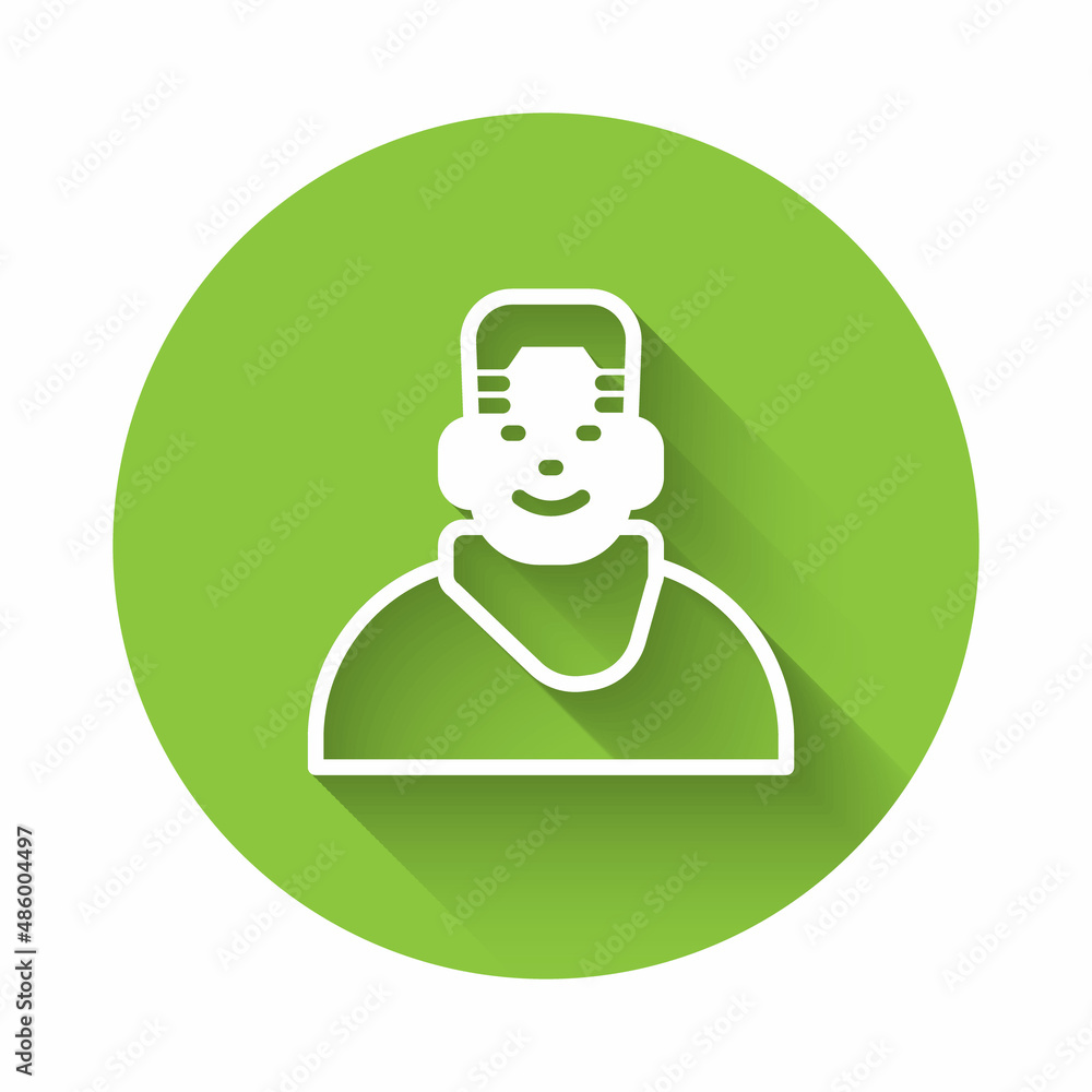 White Client in barbershop icon isolated with long shadow. Green circle button. Vector White Client in barbershop icon isolated with long shadow. Green circle button. Vector