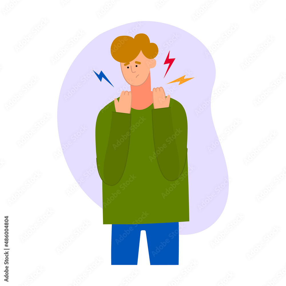 Sad man with neck pain, tech neck