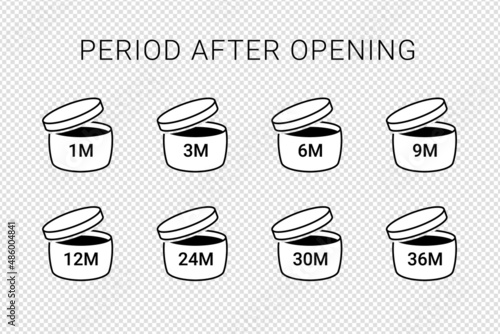 Period after open icons isolated on transparent background. PAO symbols. Round box with cap opened. Expiration period in months signs for cosmetic packaging. Vector illustration