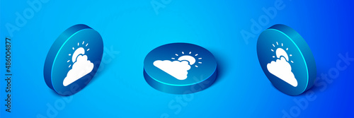 Isometric Sun and cloud weather icon isolated on blue background. Blue circle button. Vector