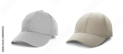 Different baseball caps on white background, collage. Mock up for design