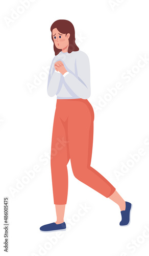 Worried woman semi flat color vector character. Walking figure. Full body person on white. Common situations and daily tasks isolated modern cartoon style illustration for graphic design and animation