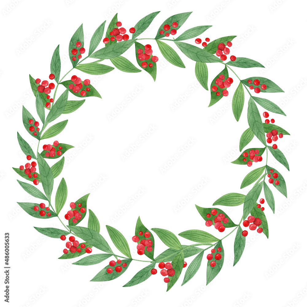 watercolor coffee branches wreath, hand painted illustration isolated on a white background