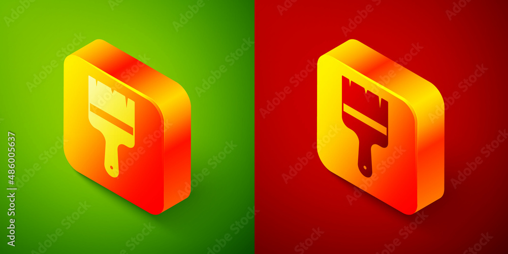 Isometric Paint brush icon isolated on green and red background. Square button. Vector Isometric Paint brush icon isolated on green and red background. Square button. Vector