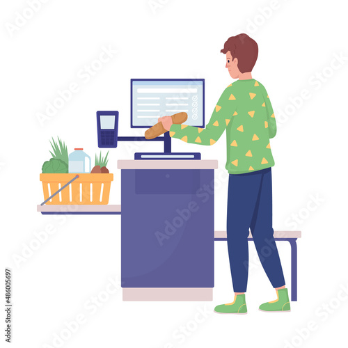 Man at cashless checkout semi flat color vector character. Standing figure. Full body person on white. Supermarket isolated modern cartoon style illustration for graphic design and animation