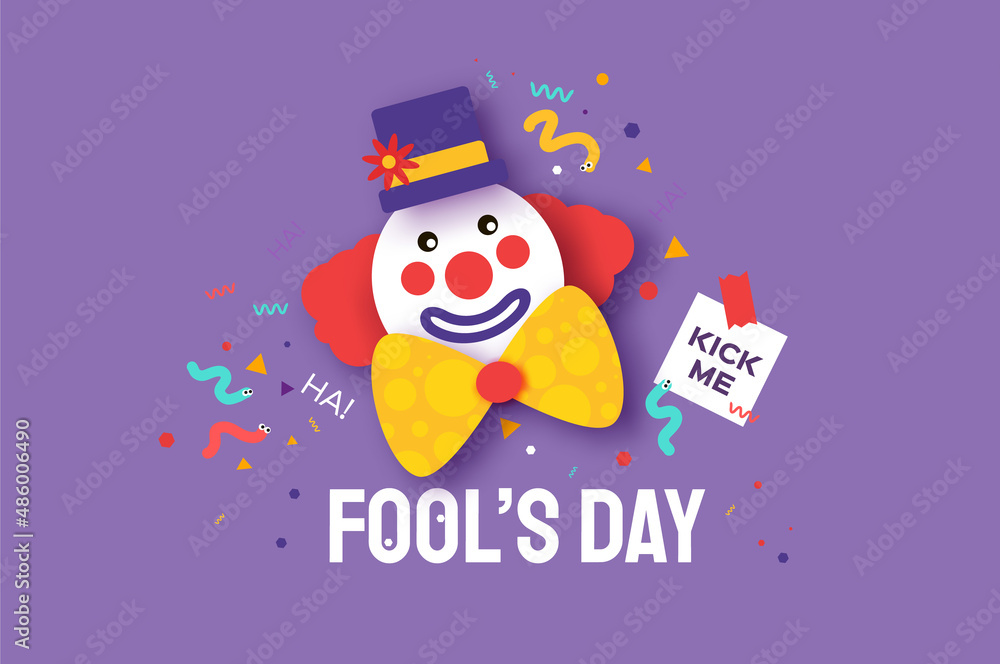 Fototapeta premium April Fools Day with Clown Character in paper cut style. April 1 party. Present joke box. Fools' Day Poster. Funny spring holiday.