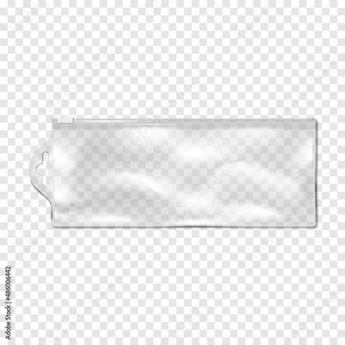 Clear plastic bag with zip lock and hanging slot on transparent background, realistic vector mockup. Empty zipper pvc vinyl package, mock-up