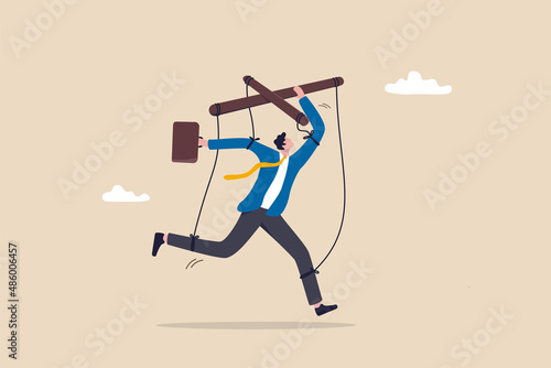 Self control or self discipline, ability to control yourself to stop procrastination, manipulate mindset for motivation to success concept, businessman puppet doll try to take control to improve self.