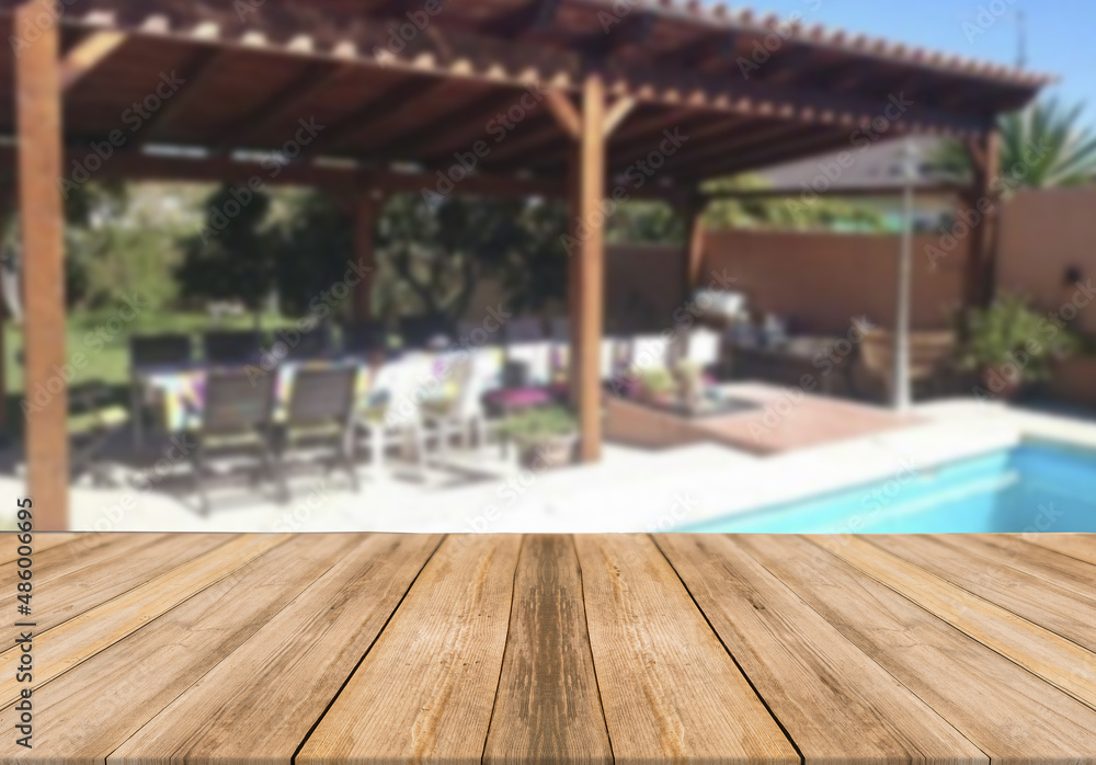 Wooden board empty table blurred background modern summer house gazebo terrace