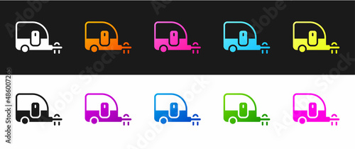 Set Rv Camping trailer icon isolated on black and white background. Travel mobile home, caravan, home camper for travel. Vector