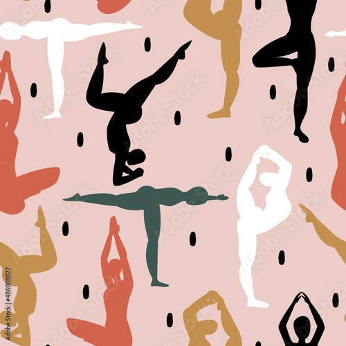 cute funny abstract seamless vector pattern design with colorful asana yoga poses silhouettes and black confetti on pink background healthy lifestyle concept illustration