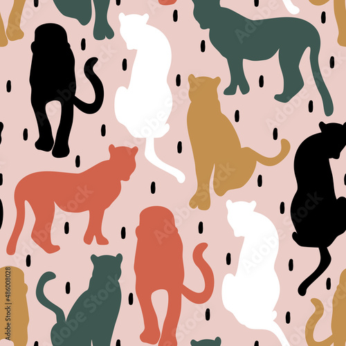 cute hand drawn exotic abstract seamless vector pattern design illustration with colorful leopard silhouettes and black confetti on pink background 