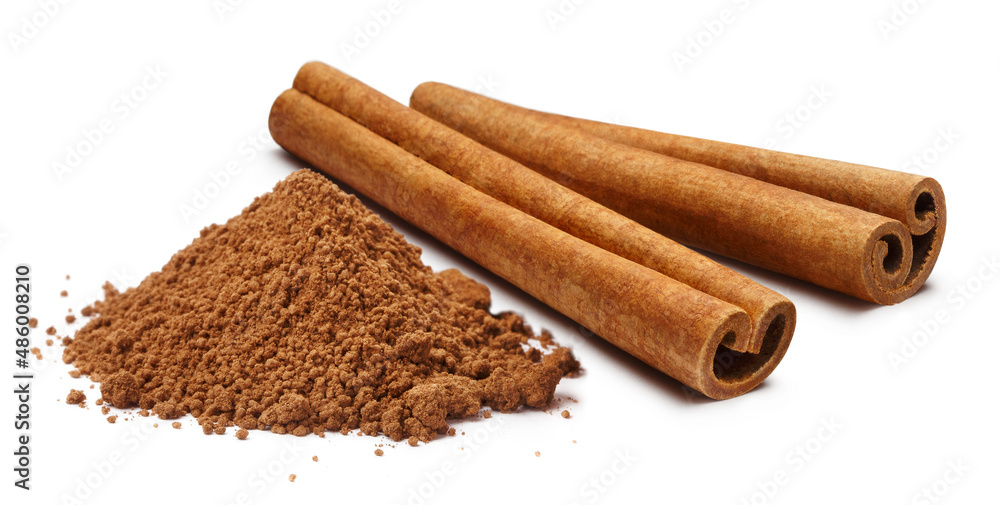 Two cinnamon sticks and powder, isolated on white background Two cinnamon sticks and powder, isolated on white background