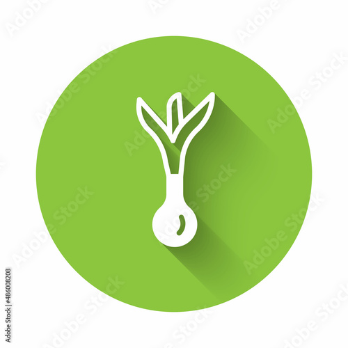 White Onion icon isolated with long shadow background. Green circle button. Vector