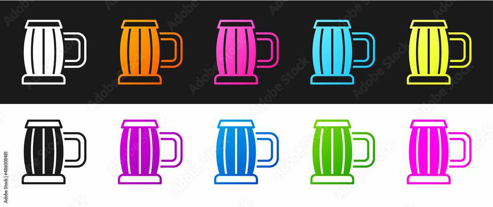 Set Wooden beer mug icon isolated on black and white background. Vector Set Wooden beer mug icon isolated on black and white background. Vector