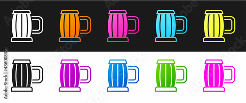 Set Wooden beer mug icon isolated on black and white background. Vector