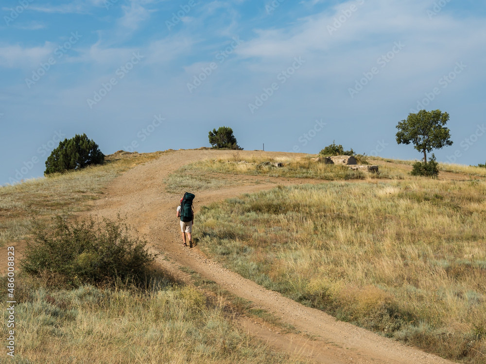 A tourist goes hiking with a backpack over his shoulders on the mountain. On the top of the mountain there is a meadow with dry grass and bushes. Mountain landscape with sandy paths