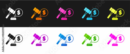 Set Auction hammer price icon isolated on black and white background. Gavel - hammer of judge or auctioneer. Bidding process, deal done. Auction bidding. Vector
