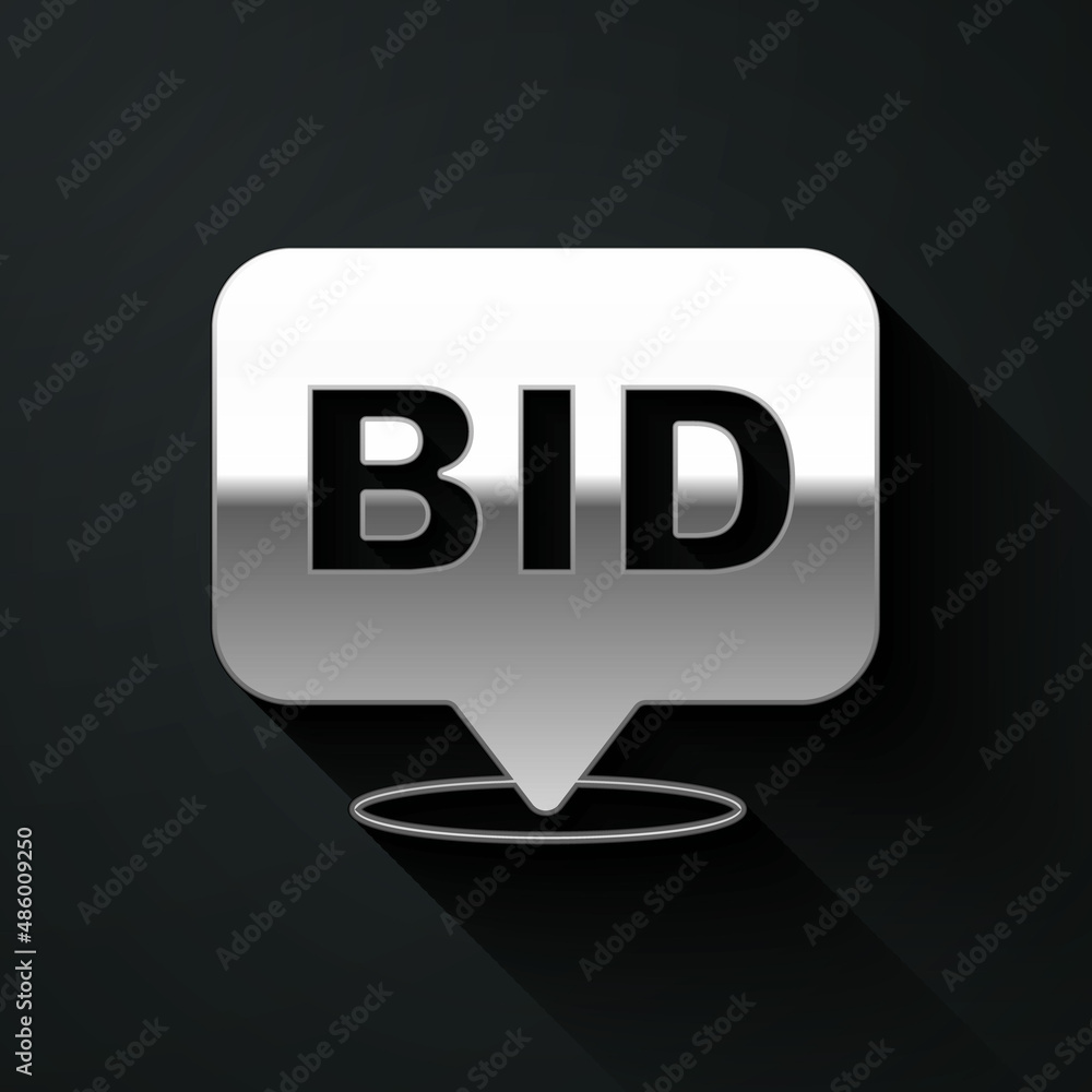 Silver Bid icon isolated on black background. Auction bidding. Sale and buyers. Long shadow style. Vector Silver Bid icon isolated on black background. Auction bidding. Sale and buyers. Long shadow style. Vector
