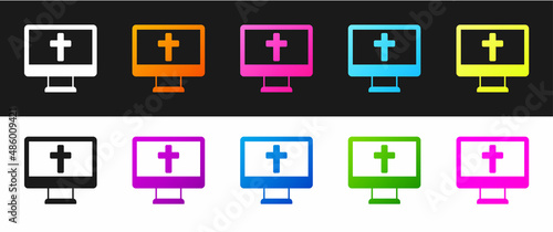 Set Christian cross on monitor icon isolated on black and white background. Church cross. Vector