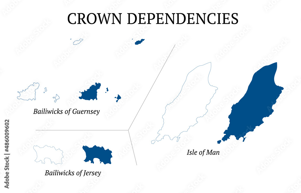 Map of Crown Dependencies. Bailiwicks of Jersey and Guernsey. Isle of Man. Detailed vector outline and blue silhouette. All isolated on white background. Set of vector maps. For geographic themes.