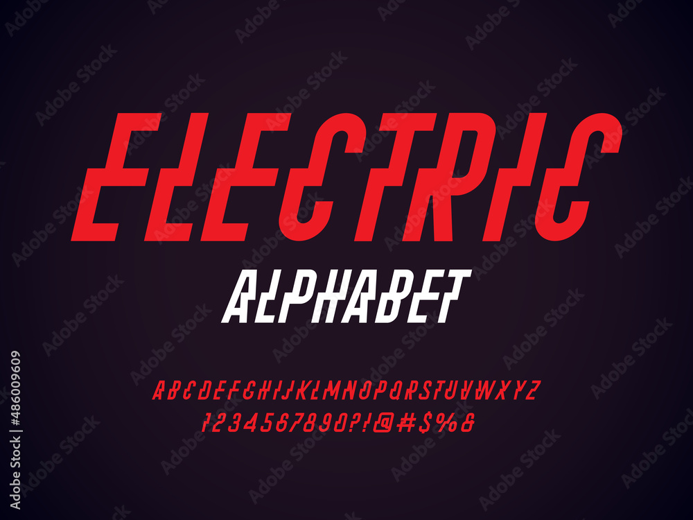 Plakat electrical style alphabet design with uppercase, numbers and symbol