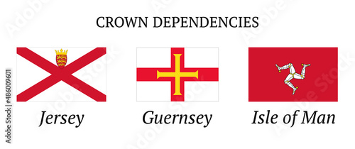 Crown Dependencies flags set. Flags Bailiwicks of Jersey, Guernsey and the Isle of Man. Vector illustration. All are isolated on white background. photo