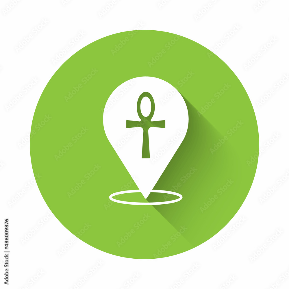 White Cross ankh icon isolated with long shadow background. Egyptian word for life or symbol of immortality. Green circle button. Vector White Cross ankh icon isolated with long shadow background. Egyptian word for life or symbol of immortality. Green circle button. Vector