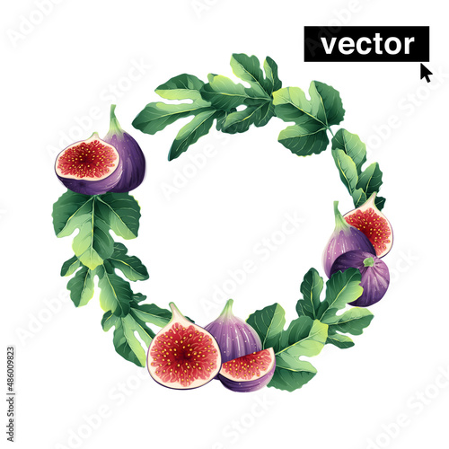 Vector watercolor hand-drawn illustration. Botanical wreath of fresh ripe purple fig fruit and slices with leaf.