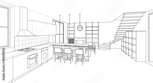 home design interior kitchen living room 3d rendering