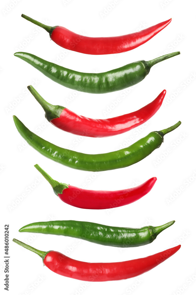 Set with red and green hot chili peppers on white background. Vertical banner design