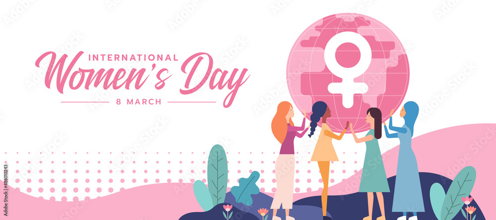 international women's day - a diverse group of women helping to lift circle globe with a female symblo vector design - obrazy, fototapety, plakaty 