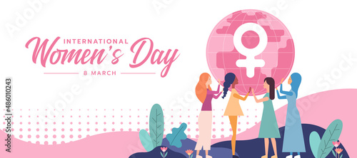 international women's day - a diverse group of women helping to lift circle globe with a female symblo vector design