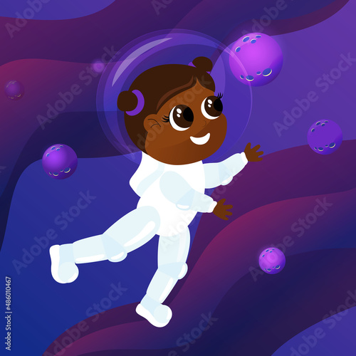 A little charming girl in an astronaut costume with big shining eyes flies after an asterisk in outer space. Space and planets in cartoon style. The mood of joy, fun, childhood and dreams.